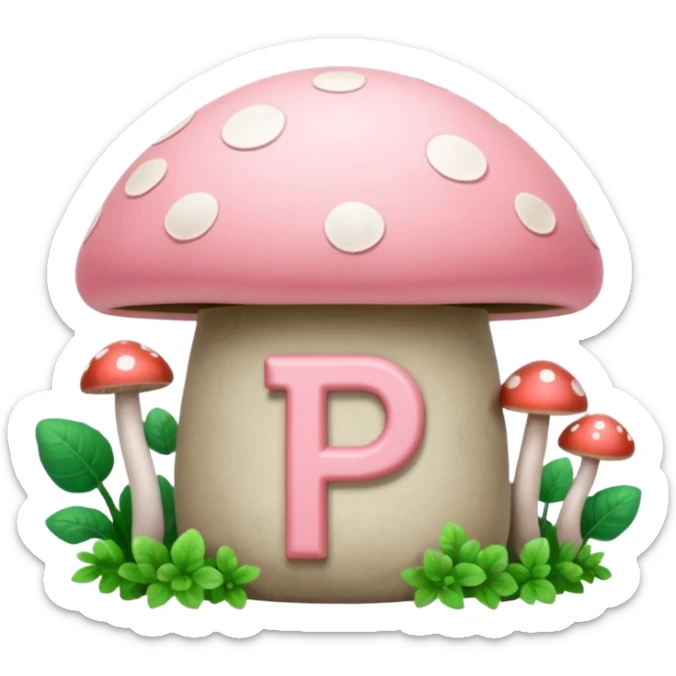 Pale Pink and green cute bank, mushrooms growing around it , clean aesthetic, two P letters on it sticker