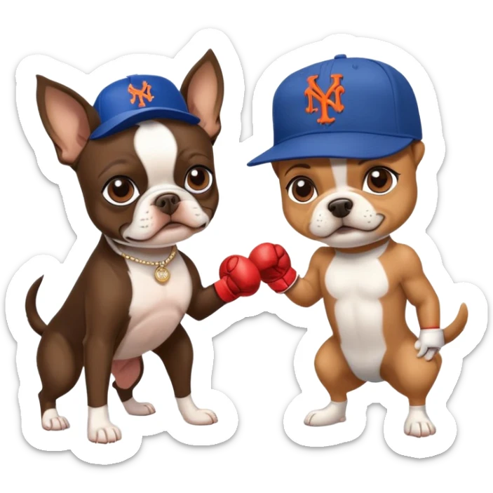 Brown Boston terrier wearing a New York Mets hat boxing a yorkie with a New York Yankees hat sticker