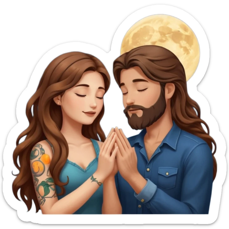 woman with long wavy brown hair tattoos and man with long brown hair beard, foreheads touching, shared glowing moon between hands sticker