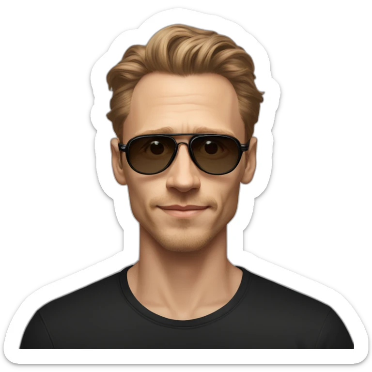 Light Brown guy, hair nose and lips like Tom Hiddleston, no facial hair, transparent aviator glasses, black t shirt sticker