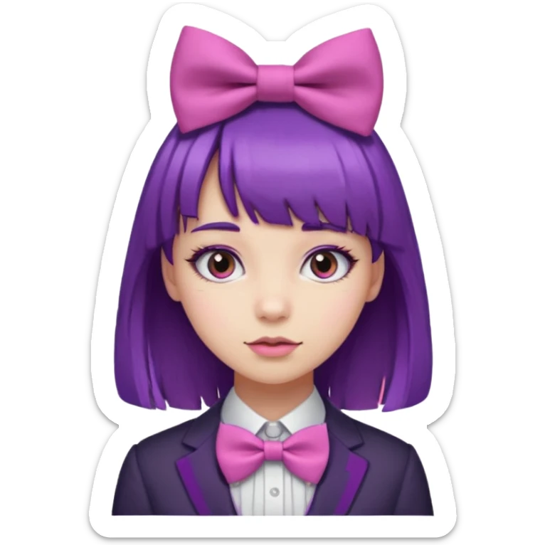 girl with bangs and purple hair and pink hairbow tie sticker