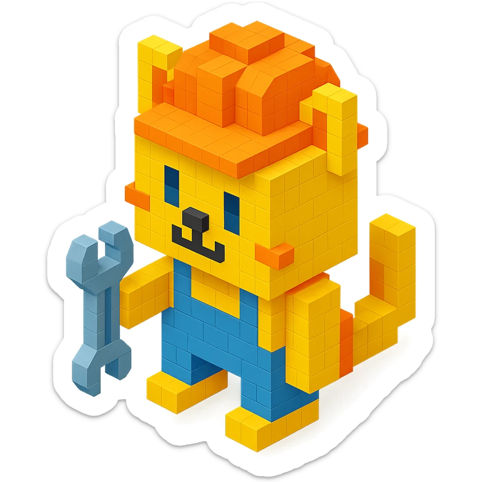 worker cat with orange construction hat holding a wrench in voxel style sticker