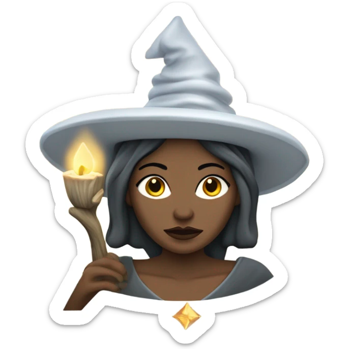 Una bruja de piel Clara que tenga un manto gris rodeada de una luna llena velas cristales y elementos de sahúmo ￼ sticker