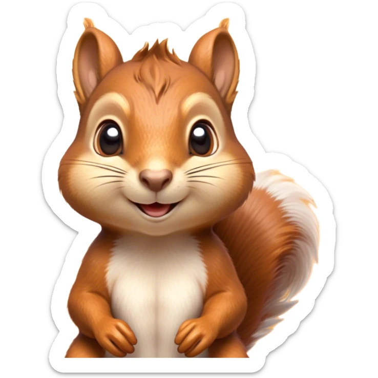 Cinematic Adorably Cute Squirrel Portrait Emoji, Perched with an alert, twinkling gaze and a playful tilt of its head, showcasing a small, nimble body with a bushy tail and delicate whiskers, Simplified yet irresistibly adorable features, highly detailed, glowing with a warm, sunlit glow, high shine, energetic and sprightly, stylized with an air of woodland whimsy, soft glowing outline, capturing the essence of a joyful squirrel that appears ready to scamper out of the screen with boundless charm! sticker
