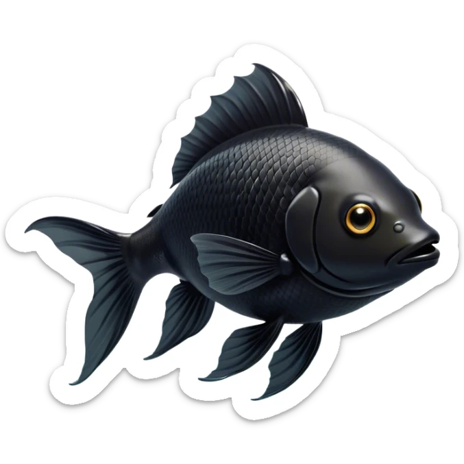 Cinematic Noble Black Goldfish Portrait Emoji, Poised and regal, with a sleek, streamlined build and a lustrous, deep black body, deep-set soulful golden eyes, Simplified yet sharp and sophisticated features, highly detailed, glowing with a soft, dignified glow, high shine, intelligent and graceful, stylized with an air of aquatic elegance, focused and attentive, soft glowing outline, capturing the essence of a watchful and confident aquatic companion, so majestic it feels as though it could glide out of the screen with effortless authority! sticker