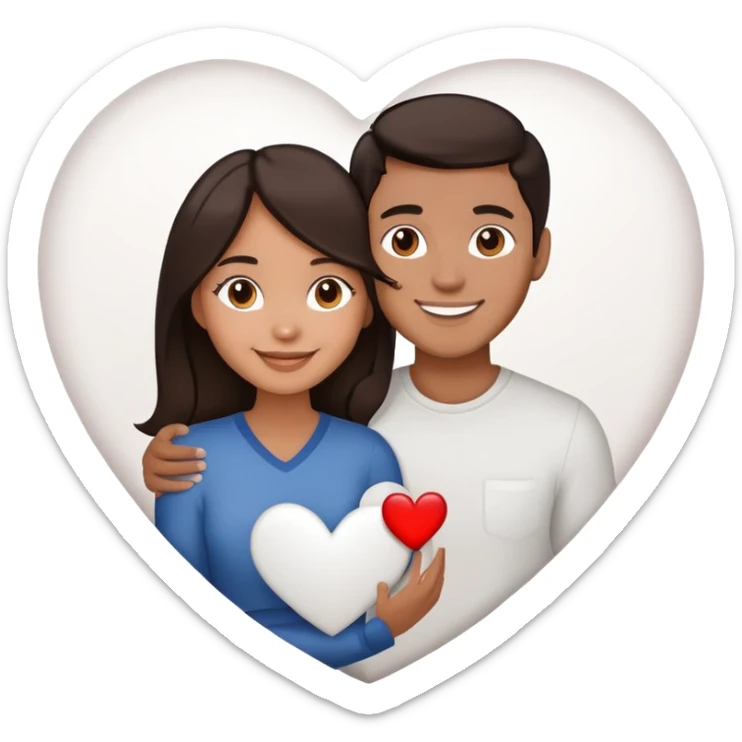 A couple with dark brown hair and mixed skin tone inside a white heart sticker