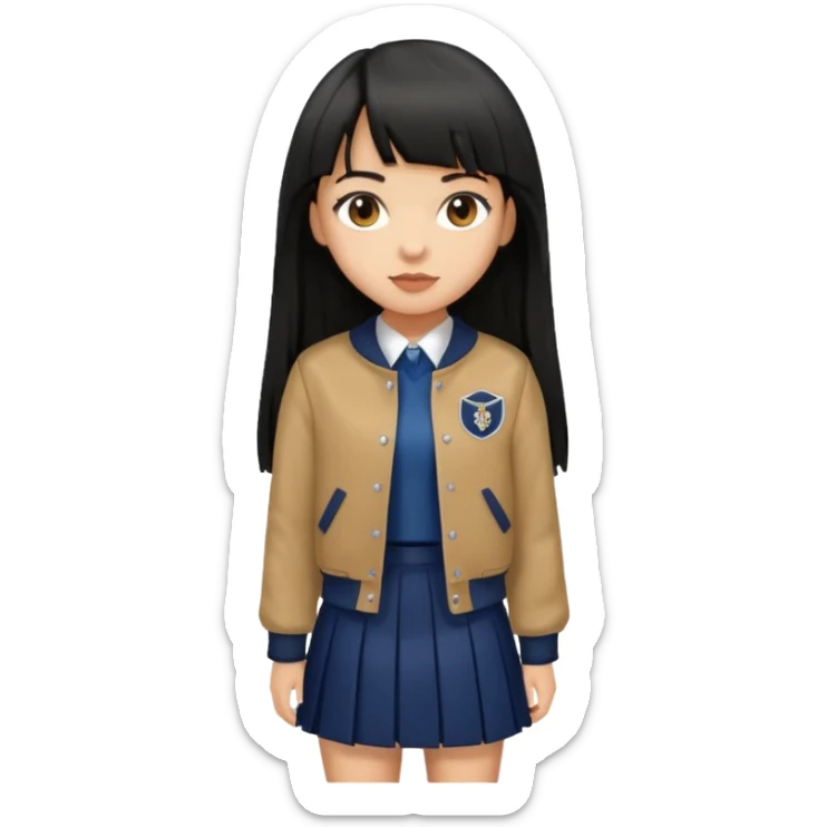 hair : black long hair with fringe 
skin : light 
cloth : brown varsity jacket + navy long long school girl skirt 


 sticker