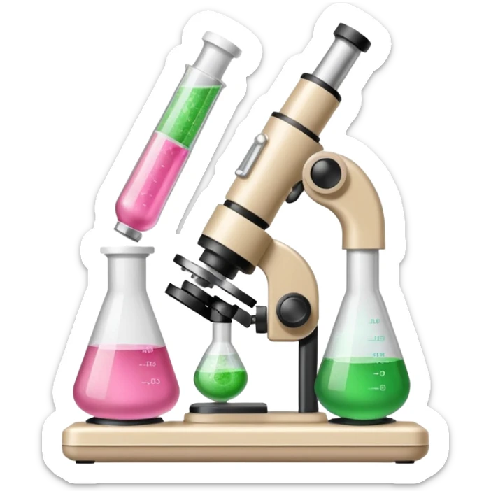 laboratorios, tubo de ensayo y microscopio todo en una imagen, que sean colores rosas, blancos, verde y beish sticker