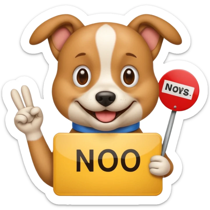 humorous emoji of a dog holding a 'no screws' sign, for 'Don't screw the pooch' sticker