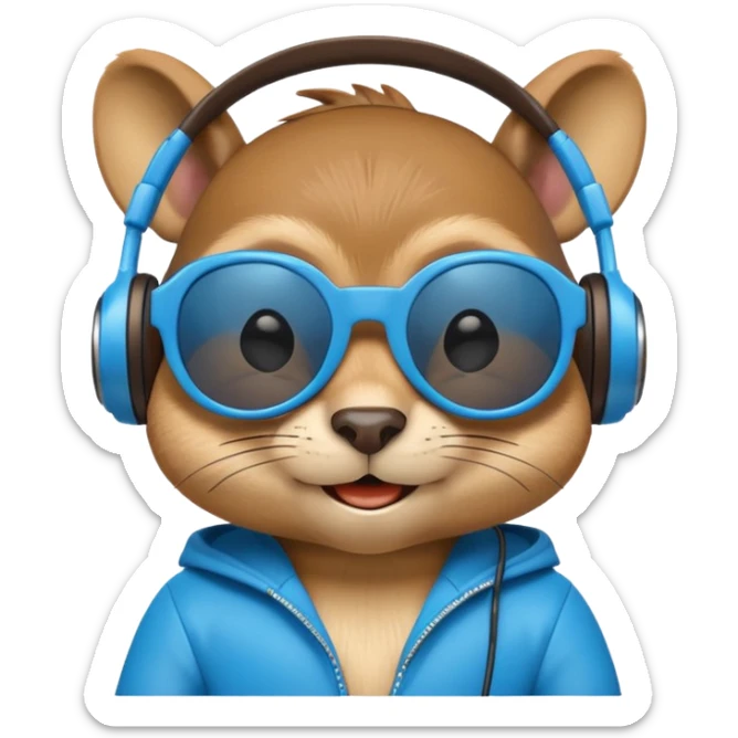 A high-detail 3D cartoon emoji of a cool chipmunk wearing oversized glowing blue DJ headphones and white retro sunglasses, expressive smirk, vibrant colors, white background, high gloss. sticker