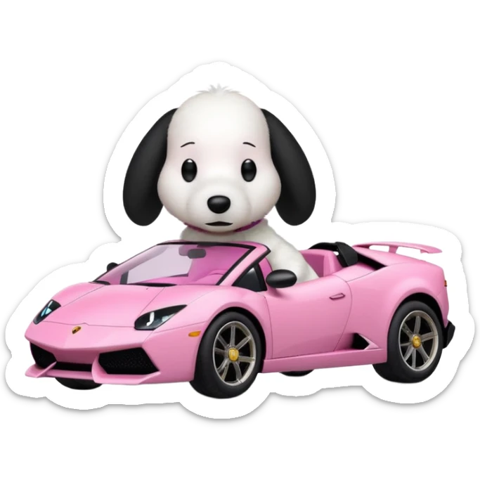 Snoopy in a Lamborghini, the Lamborghini is sideways and Snoopy isn't big, the Lamborghini is pink sticker