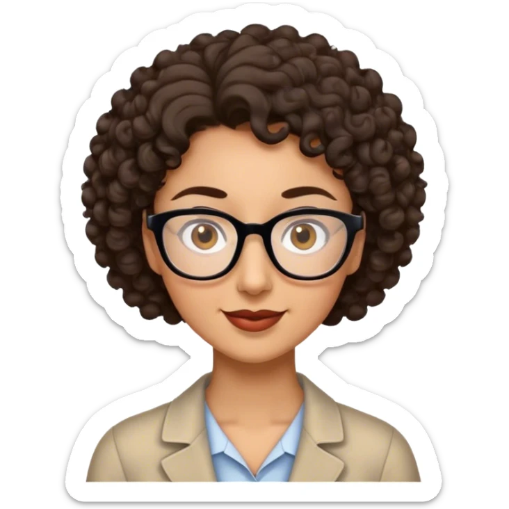 crea una profesora de pelo moreno rizado, corto un poco más arriba del hombro, ojos marrones con gafas, con experiencia, alta, interesante y entusiasta de las tic sticker