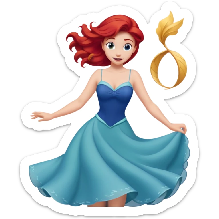 Disney human Ariel with red hair, twirling in her blue dress, excited expression sticker
