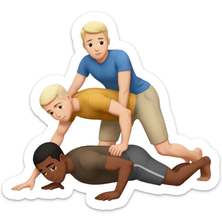 White adult male and black adult male on all fours on top of each other sticker