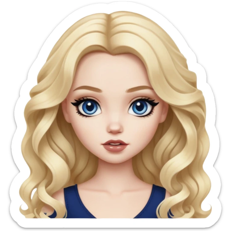 wavy blonde hair, pale skin skin, dark blue eyes, pretty bratz baddie, black eyeliner sticker