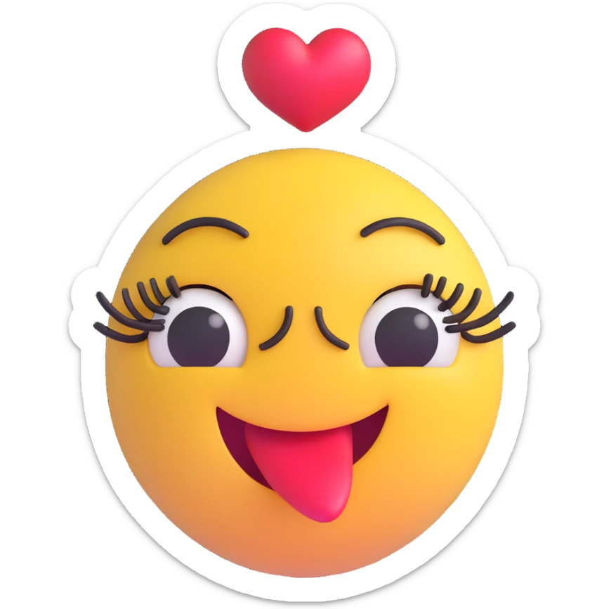 3D smiley emoji, nagy szempillás, szívecskével, puszit dobó sticker