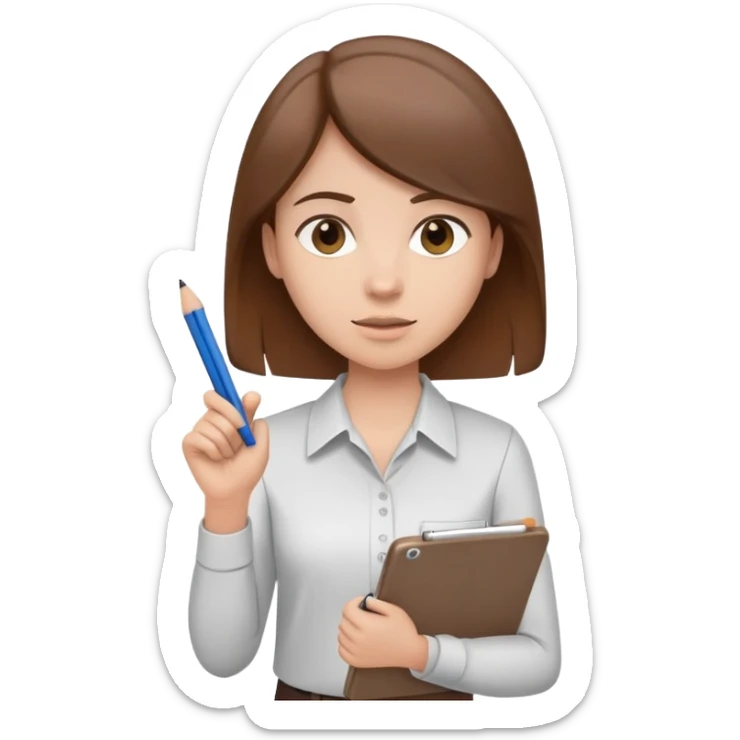 Intern or volunteer with brown hair holding a clipboard and pencil, ready to take notes or assist. The character wears a simple shirt and has an eager posture sticker
