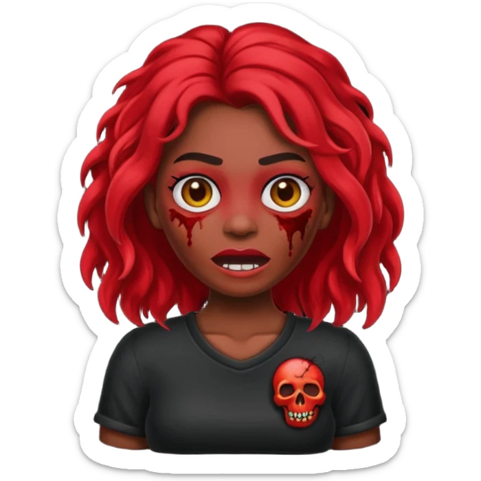 Faça me um emoji de um zumbi mulher de cabelos vermelho escuro longos ondulado usando uma blusa preta, faça no estilo iphone sticker