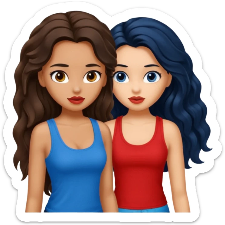 generate a pretty tan bratz girl with brown wavy hair long wearing a red tank top. talking to a girl with black hair wearing blue sticker