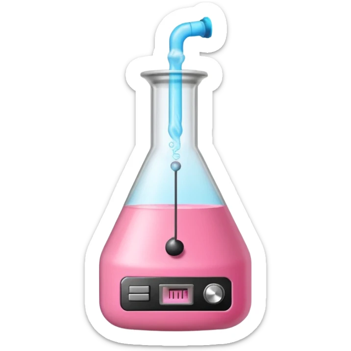 bublegum pink flask beaker with music coming out, as well as a vintage audio speaker sticker