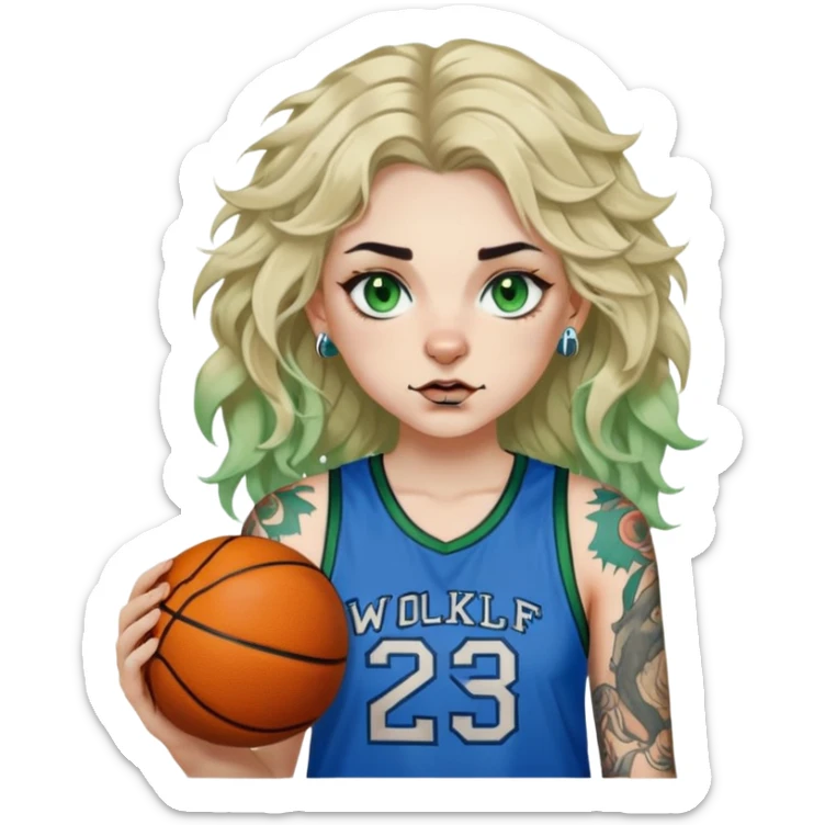 Pale girl with tattoos, wavy blonde disheveled hair, piercings, green eyes and dark eyebrows, wearing a blue shirt with a wolf on it and green basketball shorts  sticker