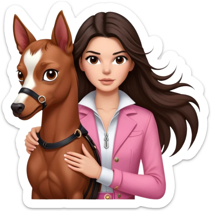 brunette Kendall Jenner with long hair holding on the hands a red Chihuahua, and behind them a bay horse with a short black mane, a thin white stripe on the muzzle, brown eyes wear on pink riding clothes  sticker