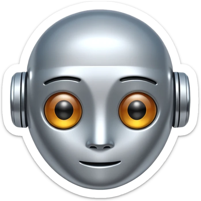 A cute futuristic robot emoji made of silver chrome, rounded friendly body, minimal facial features, glossy metallic surface, soft reflections, iOS emoji style, centered, clean white background sticker