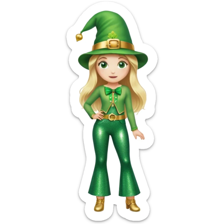 Blonde haired girl in glittery green bell bottoms and tall leprechaun hat sticker