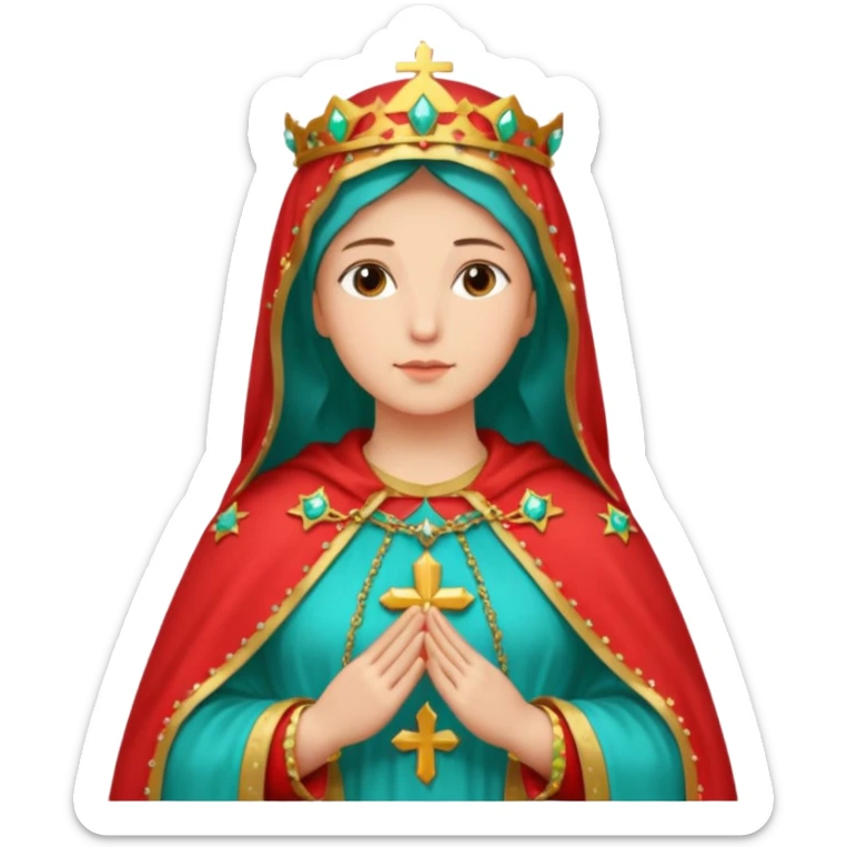 virgen maria catolica con vestido rossa, coral y manto verde turquesa y pequeñas estrellas doradas, dispersas por el manto, muchas estrellas en su manto.con las manos juntas sticker