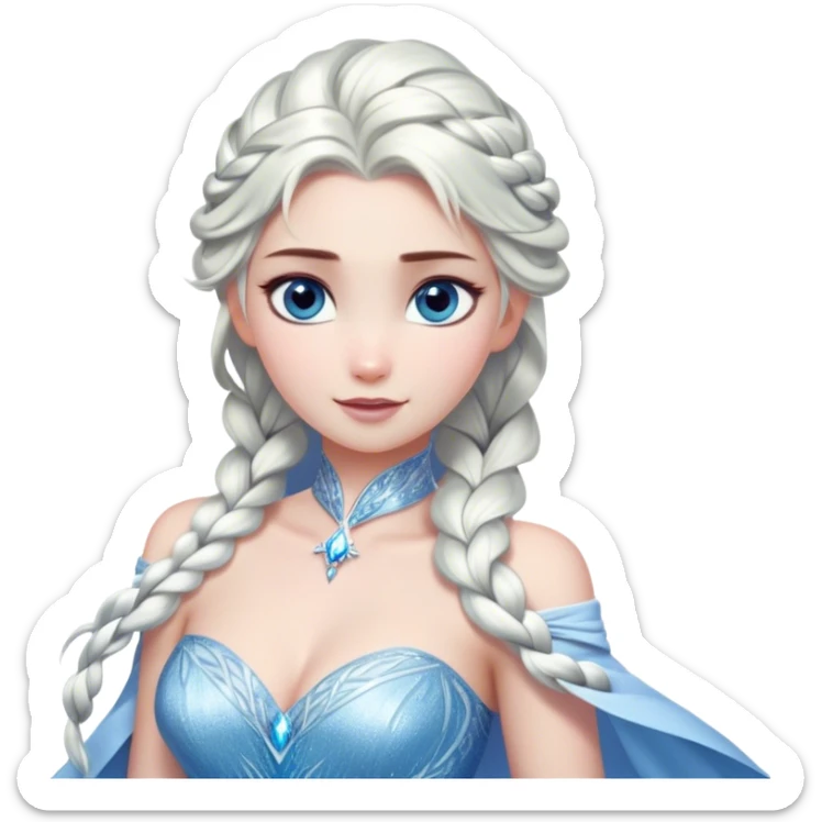 Cinematic Stunning Elsa Portrait Emoji, Ice-blue gown shimmering, platinum hair flowing in a graceful braid, piercing blue eyes glowing with icy magic, an aura of regal power and breathtaking beauty, frozen elegance at its finest! sticker