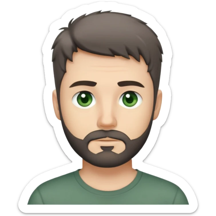 white man with dark messy short hair, dark green eyes, gray t-shirt, and short beard sticker