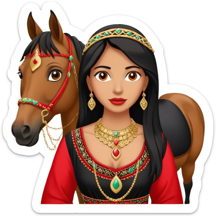 A woman in a Arab black and red embroidered dress poses beside a horse, wearing gold necklace  sticker