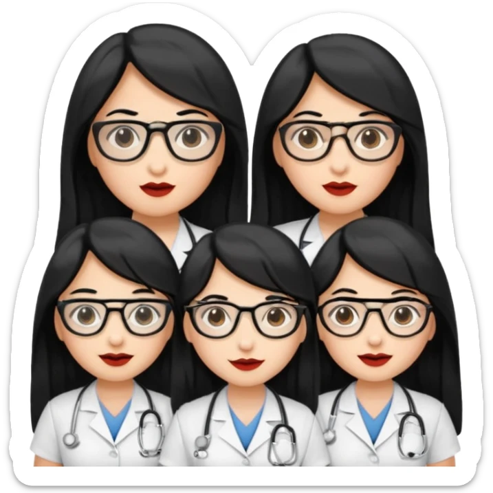 Genera emogis de 4 cuatro enfermeras de cabello negro largo, entre ellas que una tenga lentes y otra un lunar encima de los labios sticker