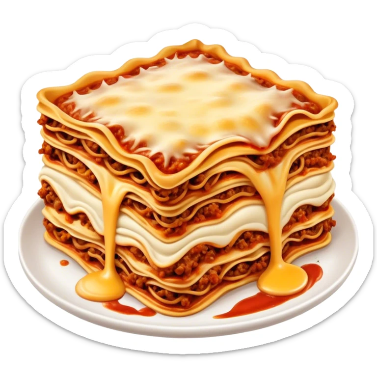 Lasagne alla Bolognese Cinematic Realistic Lasagne alla Bolognese Dish Emoji, depicted as a messy, layered pasta dish overflowing with melted cheese and rich meat sauce, rendered with hearty textures and warm, indulgent lighting. sticker
