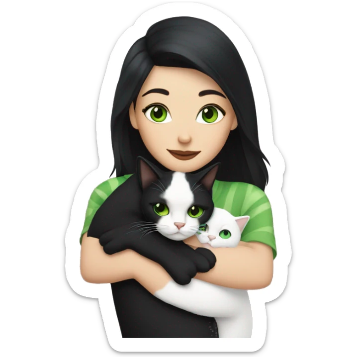 A white woman with black hair and green eyes hugs a black cat with a stripe on her face sticker