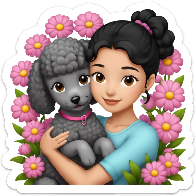 A beautiful girl with black ponytail happily hugs a gray poodle in the flowers sticker