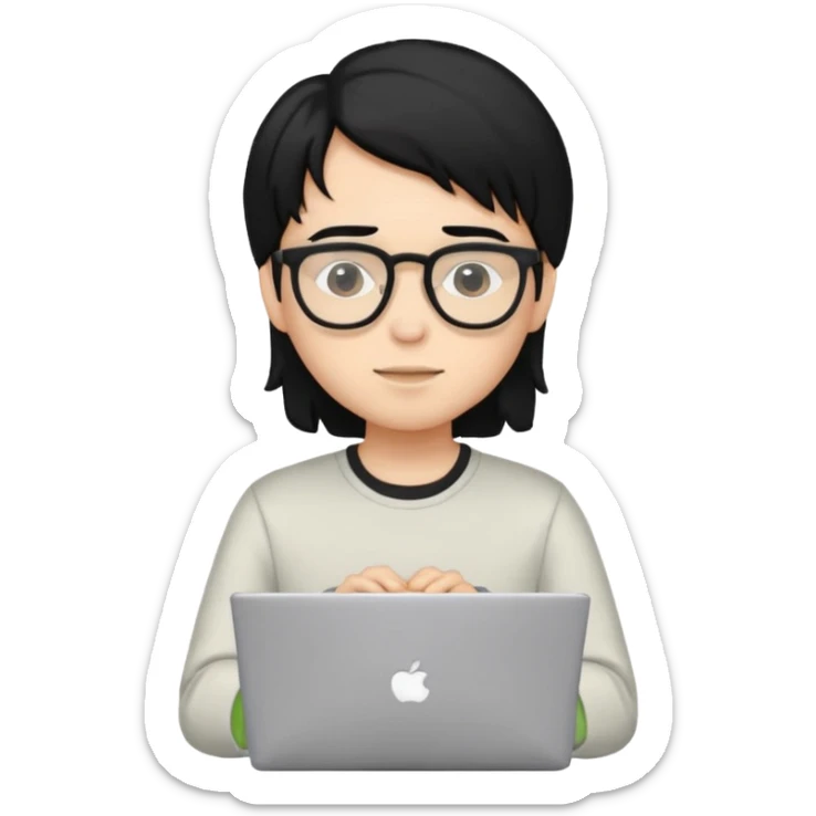 un estudiante con lentes y su laptop CON CAMISA MANGA LARGA Y CABELLO NEGRO sticker