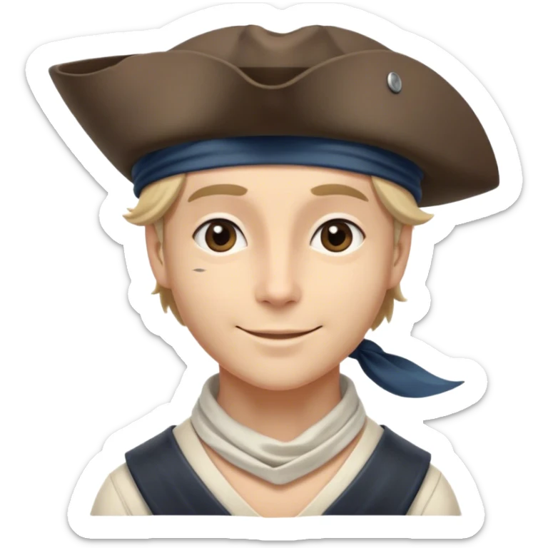 Clash of Clans aesthetic: Beautiful and Majestic Pirate Portrait Emoji, Rendered in serene confidence with a gentle, enigmatic smile and a regal tricorn hat, showcasing a distinguished, weathered build with a timeless bandana and soft, wise eyes in natural skin tone, Simplified yet exquisitely endearing features, highly detailed, glowing with a soft, drowsy maritime light, high shine, calm and heroic, stylized with an air of legendary seafaring elegance, soft glowing outline, capturing the essence of a majestic pirate whose noble spirit inspires epic adventures! sticker