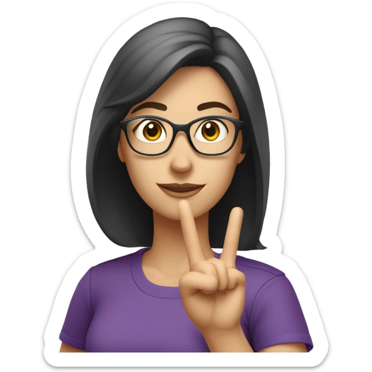 a caucasian brunette female, wearing a purple t-shirt and glasses, making the military salute gesture sticker