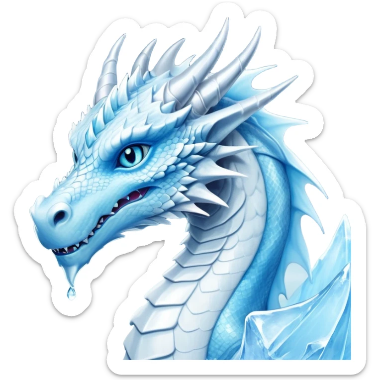 Cinematic Noble wise elegant Ice Dragon Portrait Emoji, Poised and imposing, distinct long elegant snout, with a slender, scaled body shimmering in glacial hues of icy blue, frostbitten silver, and crystalline white, breathing out frost, with piercing, glowing ice blue white eyes that radiate the chilling depths of an arctic storm; rendered in detail. excuding wisdom sticker