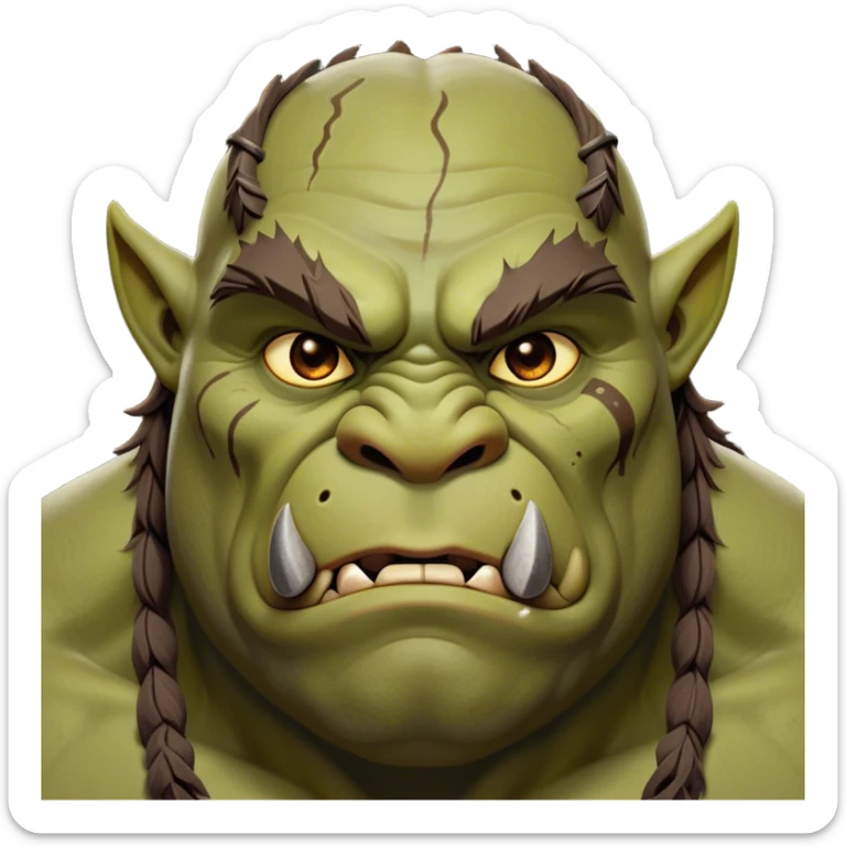 Cinematic Noble Ogre Portrait Emoji, Majestic and imposing, with a rugged, muscular form in deep earthy greens and browns, adorned with battle scars and subtle tribal markings, exuding calm, noble strength and unexpected wisdom, simplified yet strikingly detailed, glowing with a shadowy outline that captures the essence of a gentle giant with fierce heart! sticker