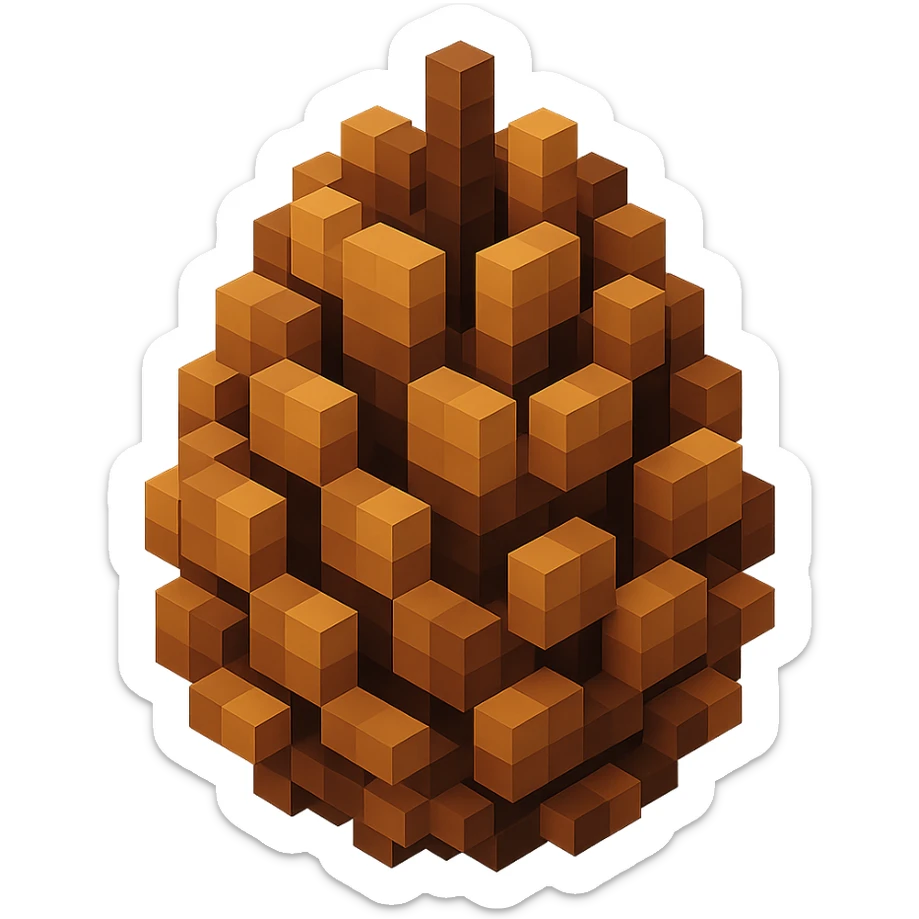 voxel-style pine cone with natural brown tones, closed and compact sticker