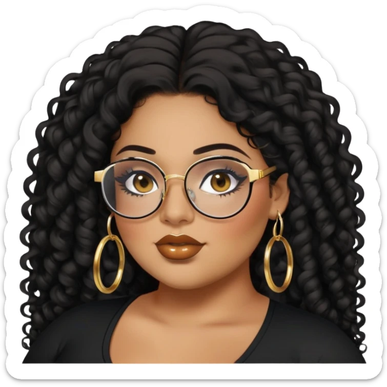 big plus size, latina, darker tan skin, gold hoops, long black curly hair, baddie,pretty, makeup, lipgloss, black eyeliner, long hair, black top, black glasses sticker