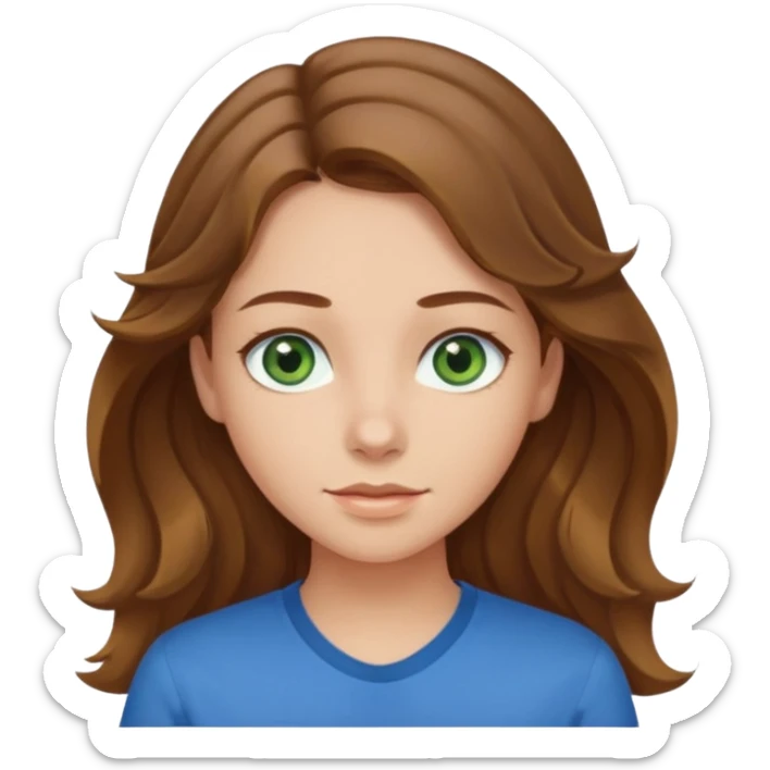 girl with brown hair, green eyes with a blue shirt no background ,young with wavy hair long brown hair with tiny blonde highlights sticker