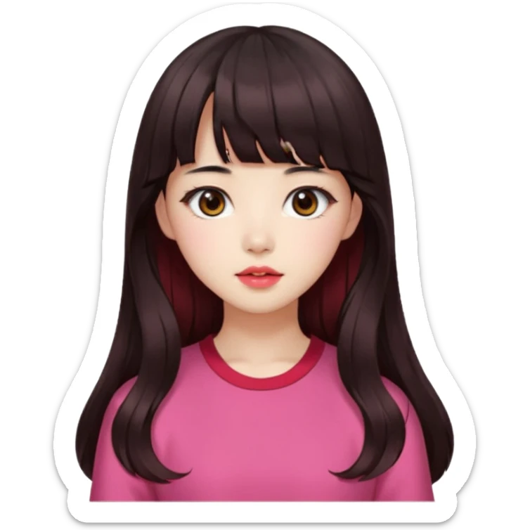 Korean girl, red top, black brown hair, brown eyes, long wavy hair, aesthetic, long hair, hime cut, blunt bangs, pink lip sticker