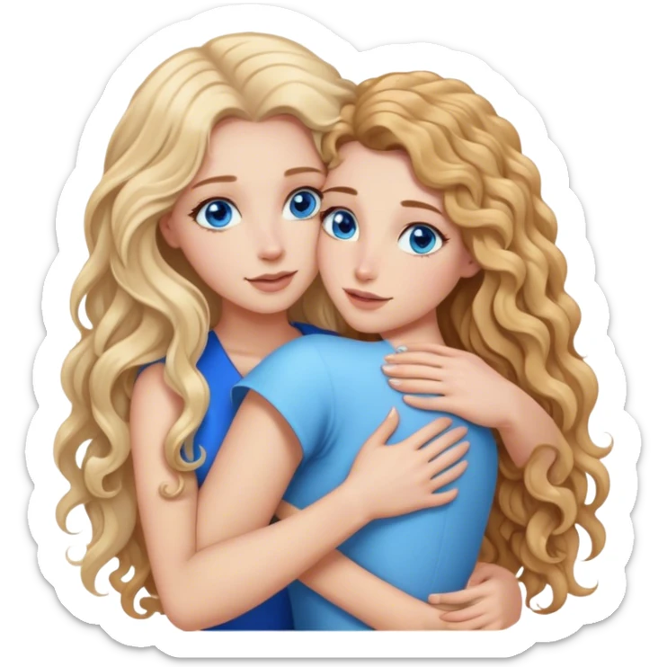 beautiful woman with long curly blonde hair and blue eyes, hugging beautiful woman with long straight brown hair sticker