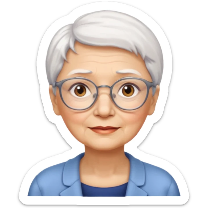 Create me emoji of an old lady. Short white hair to left side. Square glasses. Brown eyes. Rounded bigger face sticker