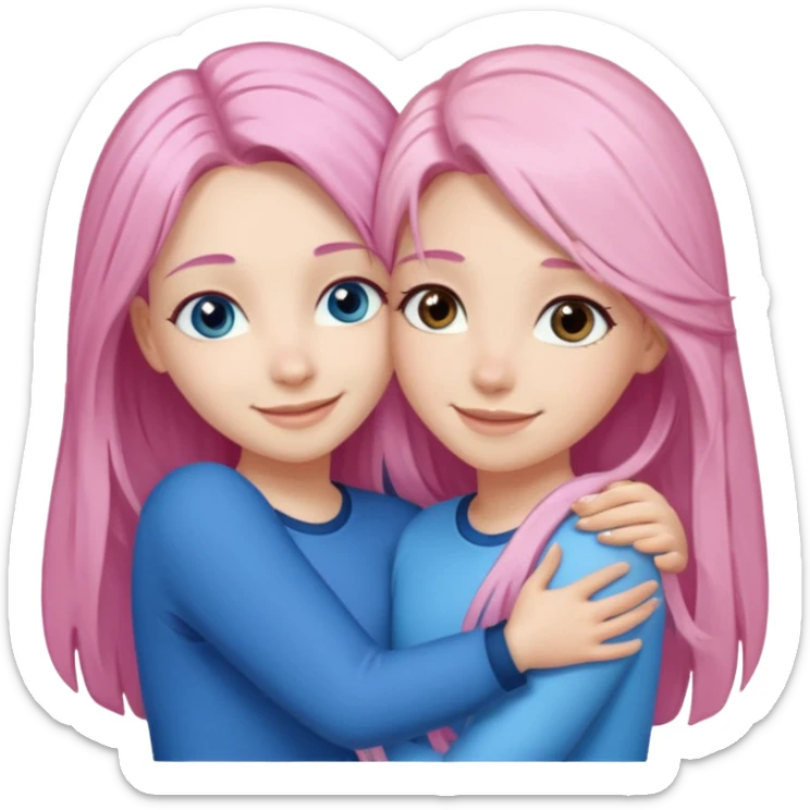four white grips hugging and smiling    2 girls with brown eyes and long dark brown hair. One girl with long light pink hair and blue eyes, one girl with blue eyes and light blonde hair sticker