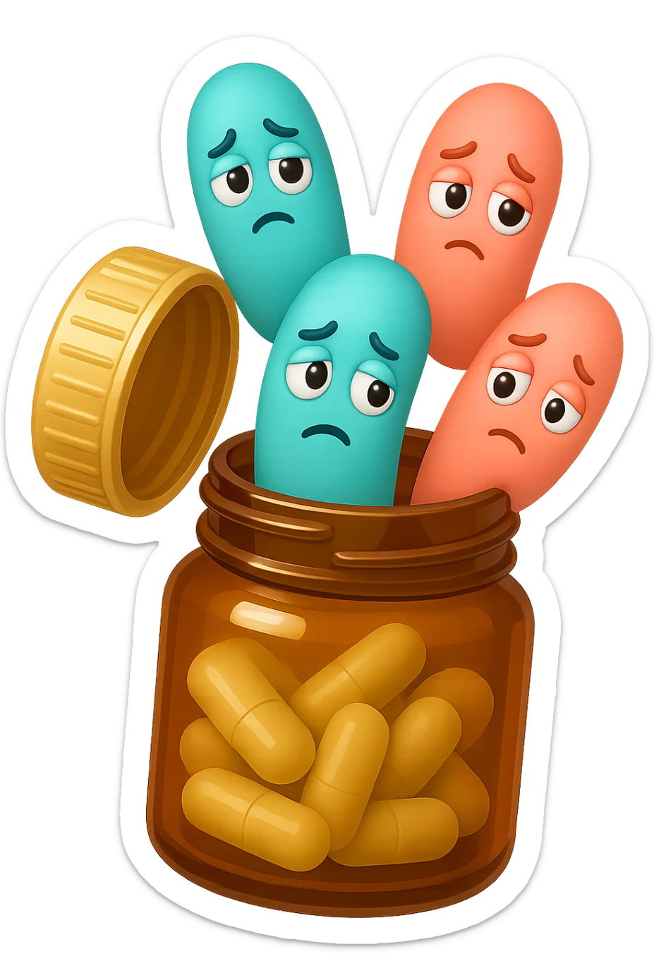 EMOJI STILE IPHONE DI UN barattolo di PROBIOTICI APERTO DA CUI ALL'INTERNO ESCONO BATTERI INTESTINALI TURCHESI E ROSA SALMONE CON ESPRESSIONE DUBBIOSA IN VOLTO, IPERREALISTICO 4K sticker