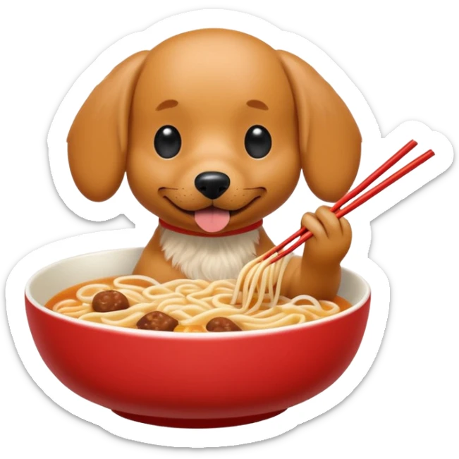 retro arcade style weenie dog eating ramen noodles out of bowl with chopsticks sticker